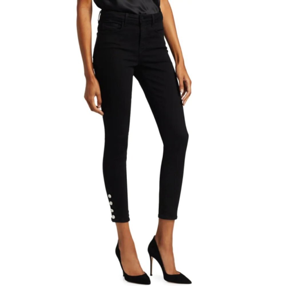 L'AGENCE 'Lindsey' High-Rise Crystal Button Skinny Jeans, Noir Black